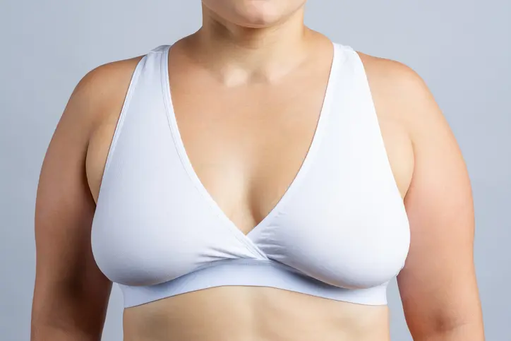 Big natural breasts in white bra close-up